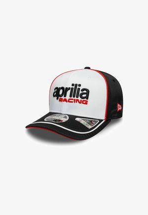 Baseball cap with white front, black sides and bill, red trim, and "aprilia RACING" embroidered on front.