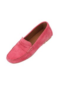 Rosa mockaläder loafers med en sydd kant, platt sula och rundad tå. Har ett dekorativt band över framsidan för extra detaljer.