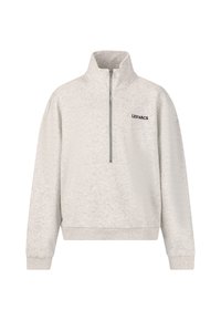 Hellgrauer Sweatshirt mit hohem Kragen, halbem Reißverschluss und gerippten Bündchen. Trägt den Text "LES'ARCS" in Schwarz auf der Brust. Weicher Stoff.