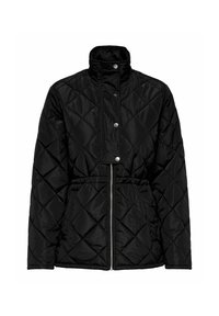 Veste matelassée noire avec un col haut, des boutons-pression, une taille élastique et une fermeture éclair ; possède un motif géométrique sur le tissu.