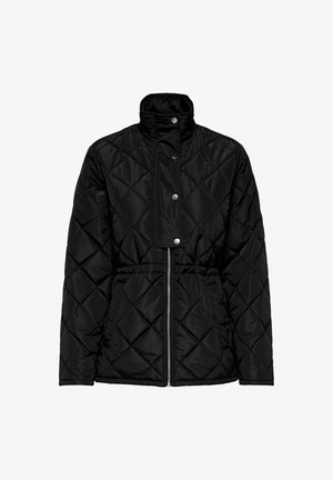 Giacca trapuntata nera con colletto alto, bottoni a pressione, vita elastica e chiusura con zip; presenta un motivo geometrico sul tessuto.