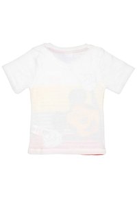 White short-sleeve T-shirt featuring a subtle print of a cartoon character. Lightweight fabric with a round neck and a straight hem.