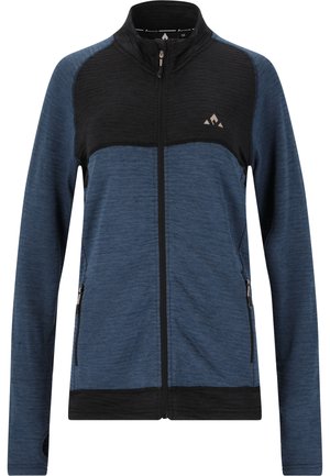 Blaue und schwarze Zip-Jacke mit hohem Kragen, strukturiertem oberen Bereich, glattem unteren Abschnitt und zwei Seitentaschen. Mit einem Logo auf der Vorderseite.