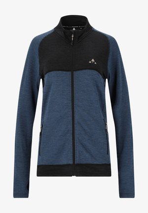 Blue and black zip-up jacket with a high collar, textured upper, smooth lower section, and two side pockets. Features a logo on the front.