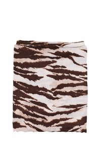 Sciarpa marrone e crema con un motivo a strisce di tigre, realizzata in tessuto leggero con una morbida texture, piegata ordinatamente.
