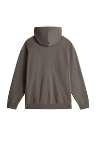 Sudadera con capucha marrón de corte relajado, confeccionada en tejido suave. Presenta mangas largas y un bolsillo tipo canguro en la parte delantera.