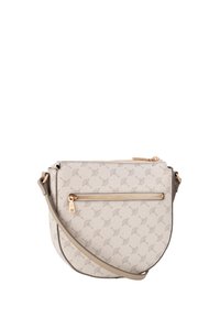 Bež torbica čez ramo z žepom z zadrgo spredaj, ki ima subtilen vzorec in okovje v zlatem odtenku. Nastavljiv trak in teksturirana površina.