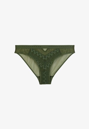 Biancheria intima da donna stile bikini in pizzo e rete verde oliva con design ricamato ondeggiante e aspetto leggerissimo.