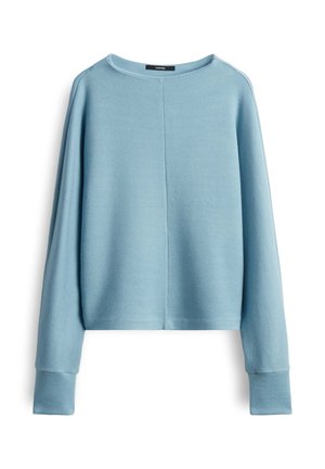 Pullover azzurro chiaro a maniche lunghe realizzato in tessuto morbido. Presenta un ampio scollo e polsini a costine, con una vestibilità rilassata e corta.
