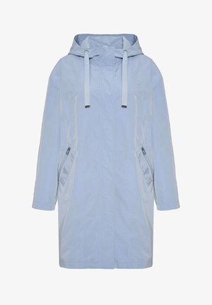 Lichtblauwe, lange, capuchonregenjas met een rits aan de voorkant, twee zijzakken met rits en een gladde, glanzende structuur.