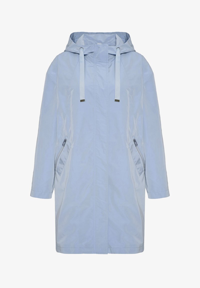 Lichtblauwe, lange, capuchonregenjas met een rits aan de voorkant, twee zijzakken met rits en een gladde, glanzende structuur.