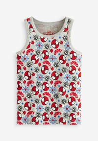 Grå tanktop med et gentaget mønster af røde Spider-Man masker, blå stjerner og sorte edderkoppeduge. Fremstillet af blødt bomuldsstof.