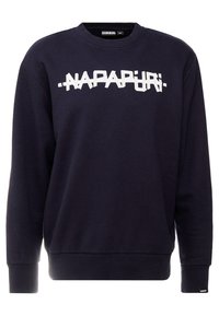 Sudadera azul marino de mezcla de algodón, con un texto de logo blanco en el pecho. Puños y dobladillo acanalados para un ajuste ceñido.