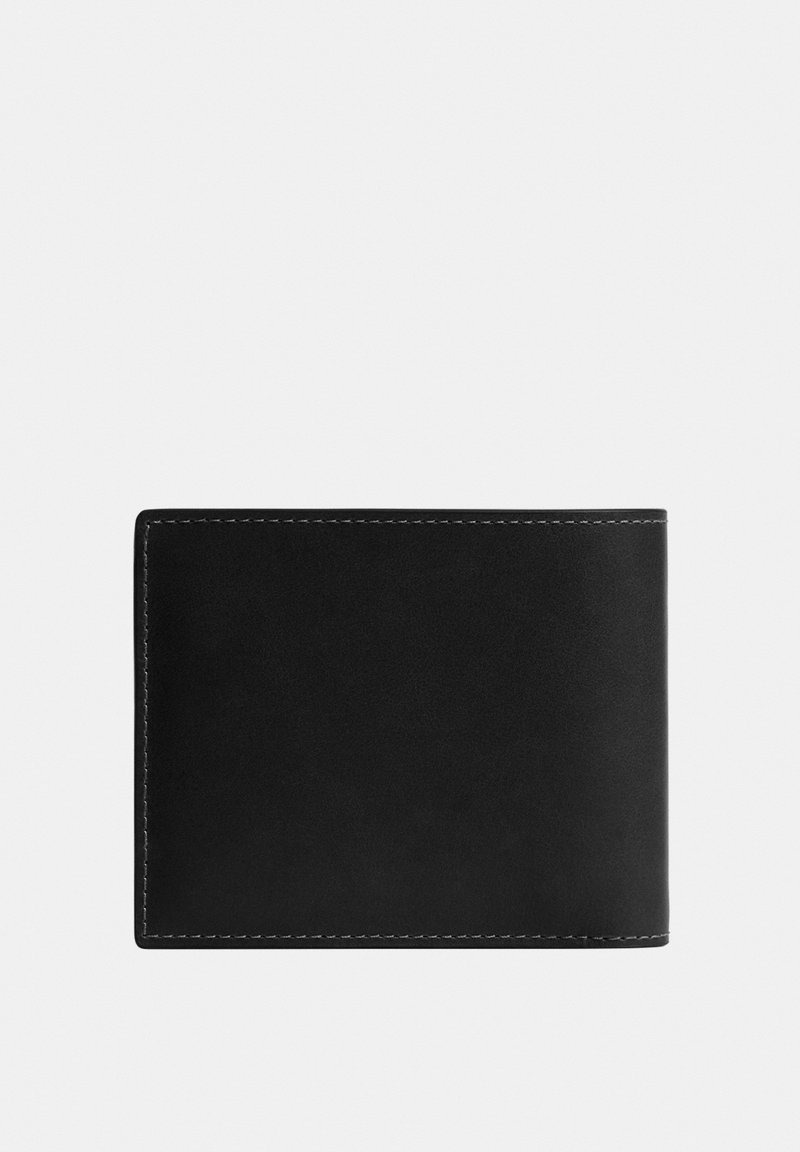 Black leather bifold wallet with visible stitching on a plain light background.