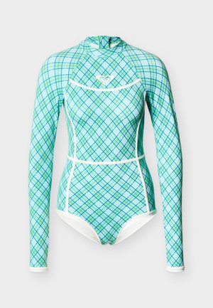 Bañador de una pieza de manga larga con estampado de cuadros en azul y verde, ribete blanco, cuello alto y pequeño logo en el pecho.