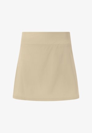 Beige nederdel med en glat tekstur, tætsiddende talje, udvidet form og ren kant. Minimalistisk design uden mønstre eller synlig hardware.