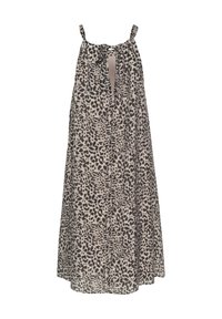 Robe en tissu léger à imprimé léopard avec des bretelles réglables, présentant une ouverture en trou de serrure à l'avant et une silhouette fluide.