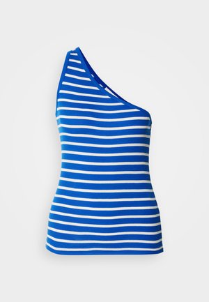 Top sans manches à une épaule en bleu et blanc à rayures horizontales. Fabriqué en tissu côtelé, il a une forme ajustée et un col contrasté.