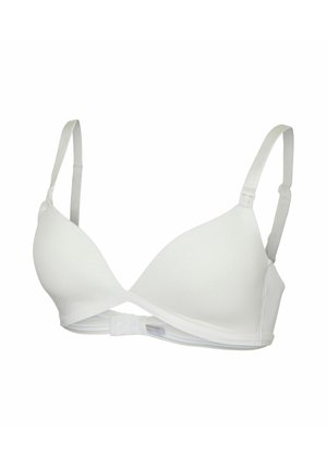 White smooth fabric bra with adjustable shoulder straps and a front clasp closure.