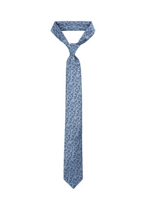 Niebieski krawat w kwiatowy wzór, wykonany z gładkiego materiału, z ostrym końcem i klasyczną wąską szerokością. Miękka tekstura i lekka konstrukcja.