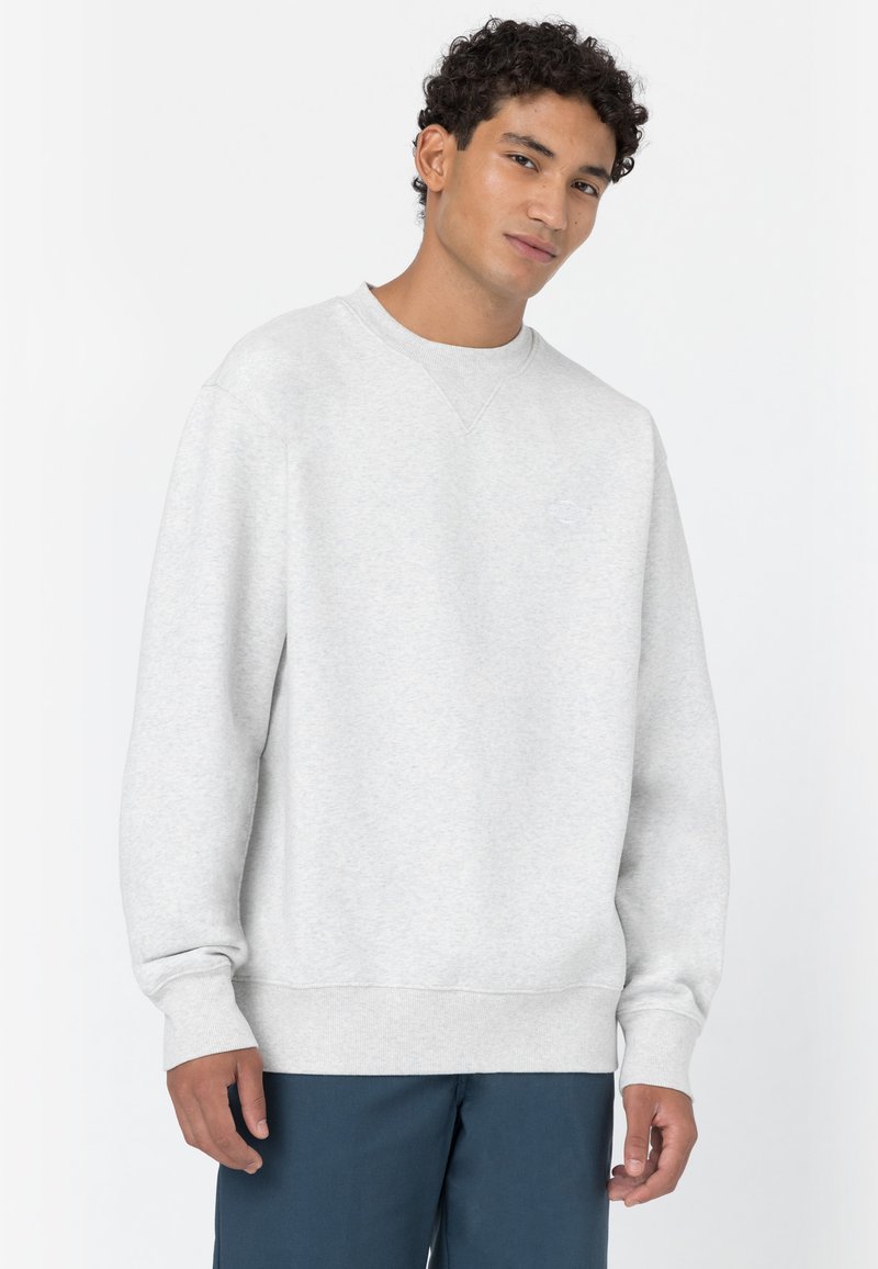 Light gray sweatshirt with a crew neckline, long sleeves, and ribbed cuffs. Features a small logo on the chest and a relaxed fit.