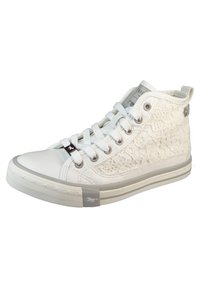 White high-top sneakers with lace texture, rubber sole, and gray accents, featuring multiple eyelets and flat laces.