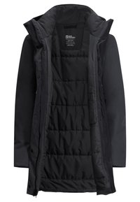 Schwarze isolierte Jacke mit glattem Außenmaterial, gestepptem Innenfutter, hohem Kragen und Druckknopfverschluss; mit Seitentaschen.
