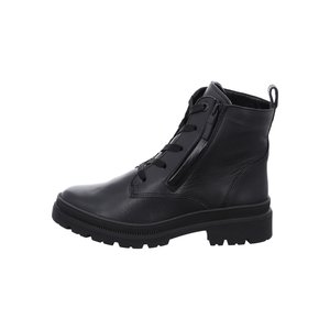 Black leather ankle boot with side zipper, lace-up front, pull tab at heel, and thick rugged sole.
