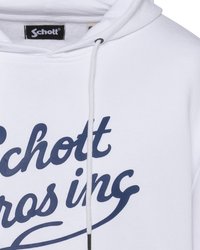 Felpa bianca con scritta navy blue "Schott Bros inc" sul davanti e etichetta nera del marchio Schott all'interno del colletto.