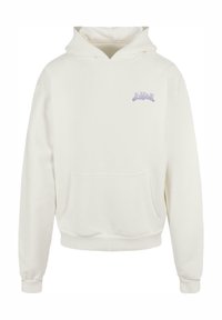 Sudadera con capucha blanca hecha de un tejido suave, que cuenta con un bolsillo frontal y una capucha. En el lado izquierdo del pecho tiene un logo de color morado claro.