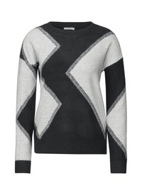 Pull gris et noir arborant un motif en zigzag, col rond, manches longues, et bords côtelés pour une texture et une structure.