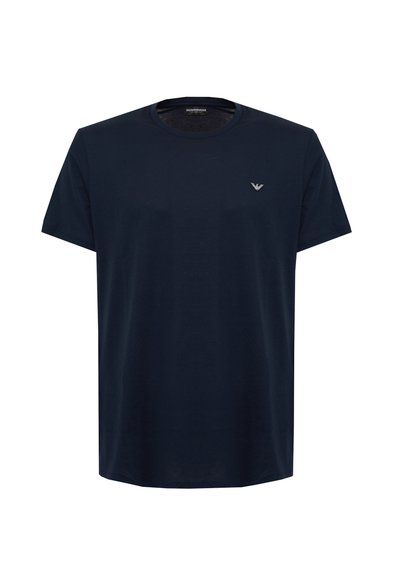 T-shirt en coton bleu marine à manches courtes, col rond, avec un petit logo sur la poitrine. Texture lisse, coupe décontractée.