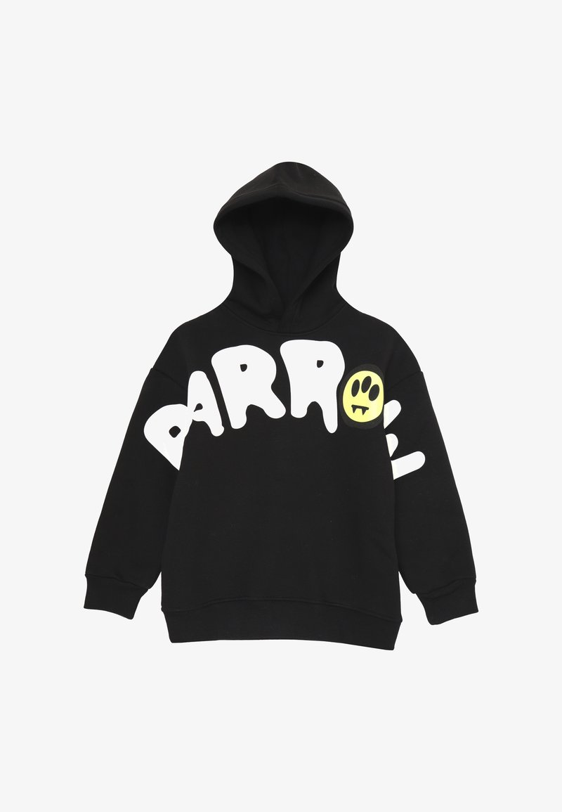 Felpa nera in cotone con testo bianco "BARREL" e grafica di un sorriso giallo. Progettata con una tasca a marsupio frontale e cappuccio.