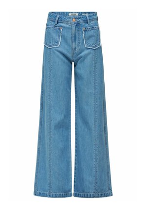 Jeans in denim blu a gamba larga con vita alta, dotati di due tasche frontali e dettagli di cucitura a vista. Tessuto morbido e texturizzato.