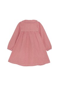 Rot-weiß gestreiftes Kleid mit langen Ärmeln, Kragen und gerafftem Bund. Baumwollstoff, ausgestellter Rock, glatte Textur und klassisches Design.