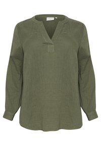 Olivegrünes Langarmblusenshirt mit V-Ausschnitt, strukturiertem Stoff und Knopfleiste. Es hat eine lockere Passform und elastische Manschetten.