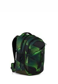 Black and green geometric patterned backpack with multiple zippered compartments and padded shoulder straps, angled view.