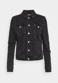 Black denim jacket with a classic collar, front button closure, two chest pockets, and long sleeves. Features silver hardware and a fitted silhouette.