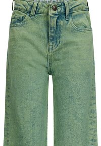 Hellgrüne Jeans aus Denim mit hoher Taille, geradem Bein, vorderen Taschen und einem verwitterten Texturmuster. Verfügt über einen Metallknopfverschluss.