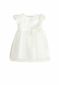 White dress with puffy sleeves, satin bodice, and a tulle skirt. Features a bow accent at the waist and a round neckline.