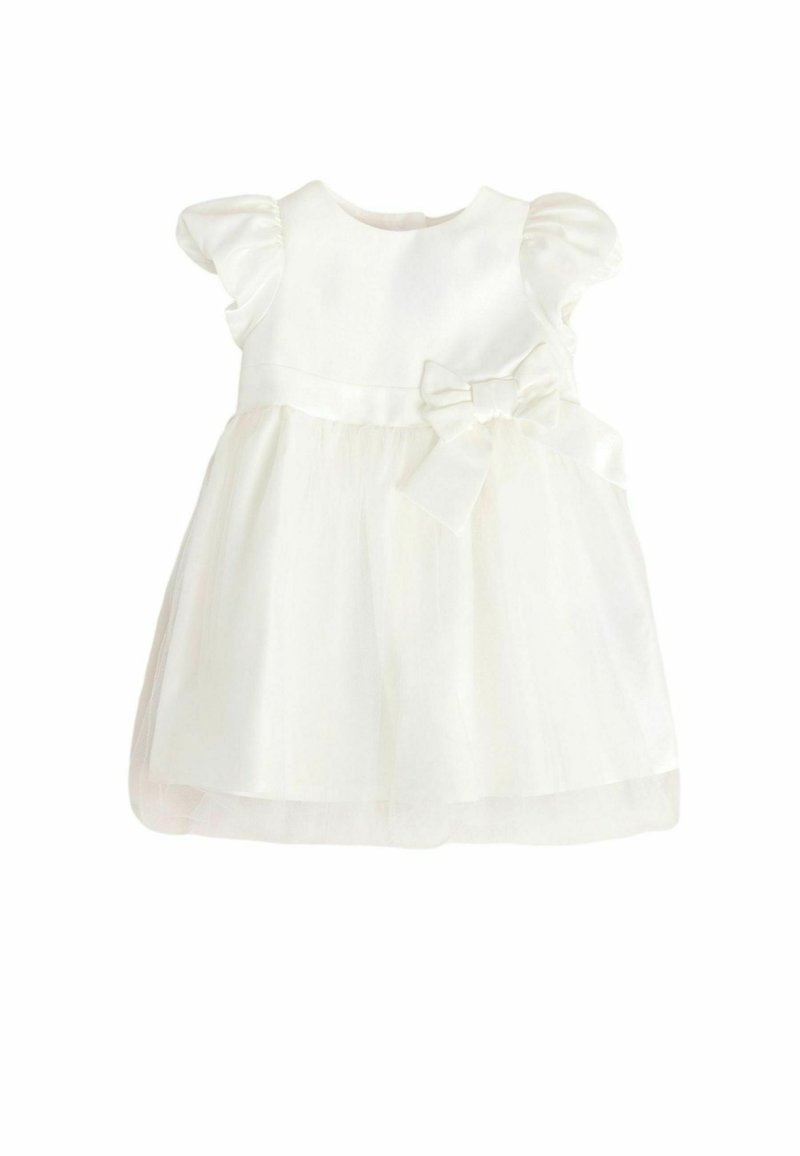 White dress with puffy sleeves, satin bodice, and a tulle skirt. Features a bow accent at the waist and a round neckline.
