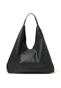 Borsa tote nera in pelle con un design morbido, apertura superiore e due manici curvi. Superficie testurizzata con cuciture minime.