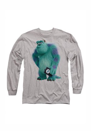 Graues Langarm-T-Shirt mit einem Cartoon-Monster, das türkisfarbenes Fell und lila Flecken hat und eine Mappe hält. Ideal für den legeren Gebrauch.