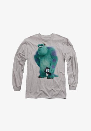 Graues Langarm-T-Shirt mit einem Cartoon-Monster, das türkisfarbenes Fell und lila Flecken hat und eine Mappe hält. Ideal für den legeren Gebrauch.