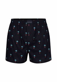 Boxers noirs en tissu avec un motif répété de palmiers turquoise et rouge. Taille élastique avec une fermeture à bouton à l'avant.