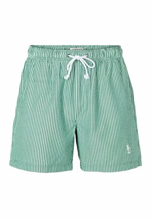 Žalios ir baltos juostelėmis marginti ploni maudymosi šortai, pagaminti iš lengvos medžiagos, su elastinga juosmens juosta, raišteliu ir mažu logotipo detalės elementu.