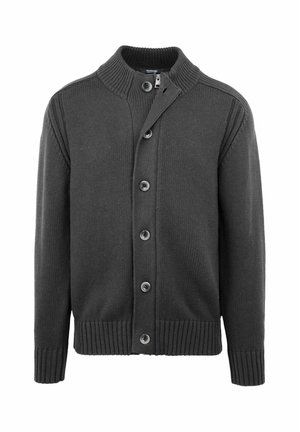 Cardigan in maglia grigio scuro con collo alto, chiusura con sei bottoni e polsini e orlo a costine.