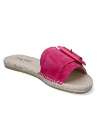 Pink suede slide sandal featuring a wide strap with a decorative accent, jute-wrapped sole, and a flat footbed.