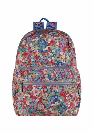 Sac à dos à motif floral avec des fleurs rouges, roses et bleues vives. Le tissu présente des fermetures éclair, une double poignée et des bretelles réglables.