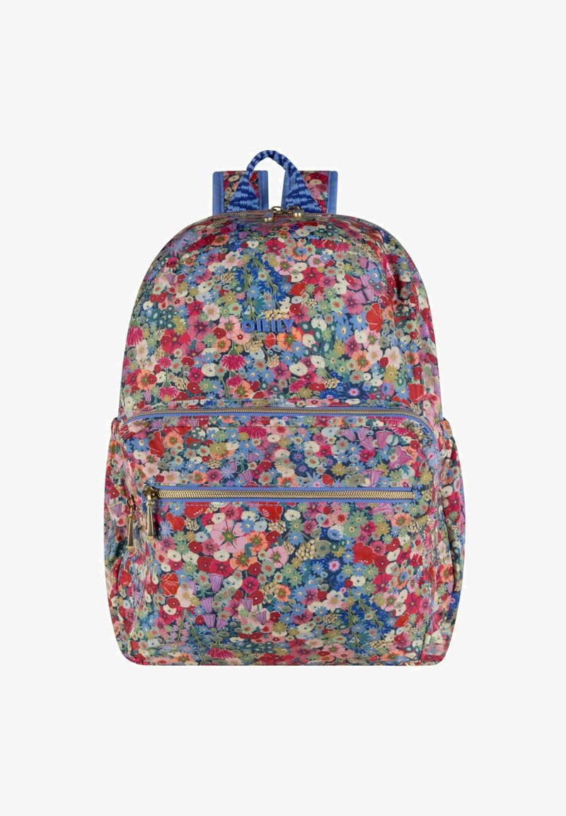 Rugzak met bloemenpatroon in levendige rode, roze en blauwe kleuren. De stof bevat ritsen, een dubbele handgreep en verstelbare schouderbanden.